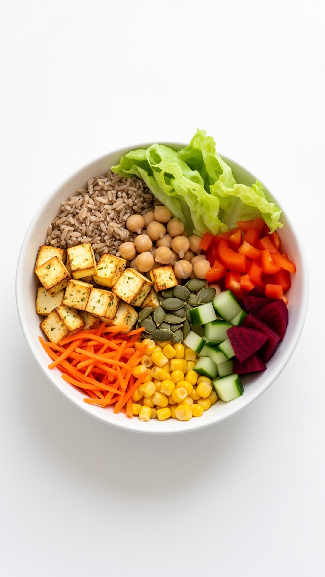 Premium vegetarian bowl with paneer, chickpeas, brown rice and fresh vegetables